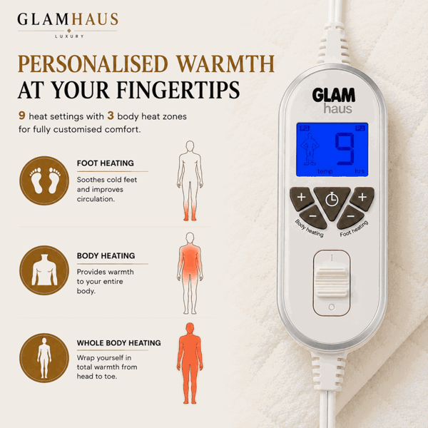 GlamHaus Super King Electric Blanket - Fitted Mattress Bed Cover - White Diamond Quilted - Settings for Feet and Body, Timer
