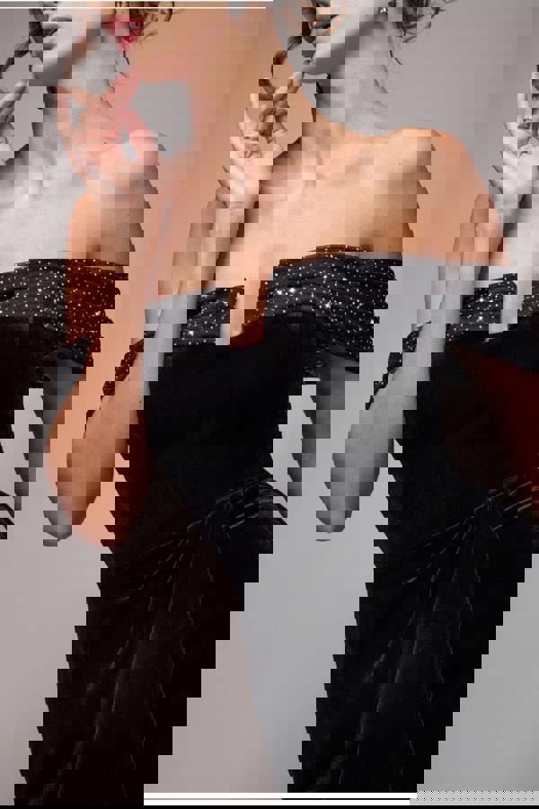 Off Shoulder Hotfix Diamante Wing Velvet Maxi Dress - Black DR4484