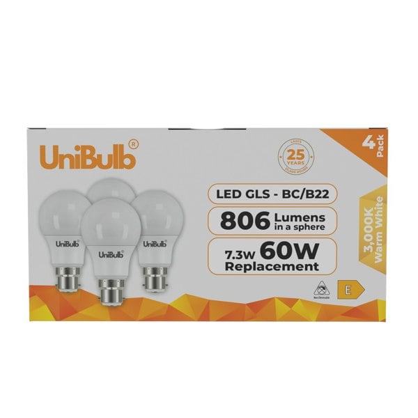 Energizer LED GLS B22 806lm 7.3W 3000K (Warm White) Light bulb - Pack of 4 front