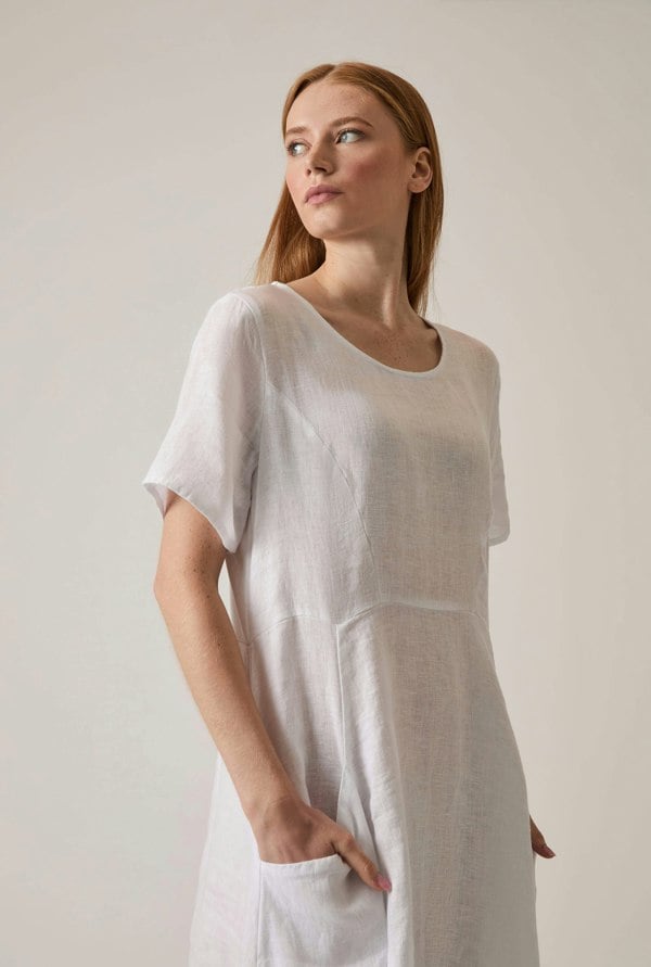 White linen midi dress with side pockets