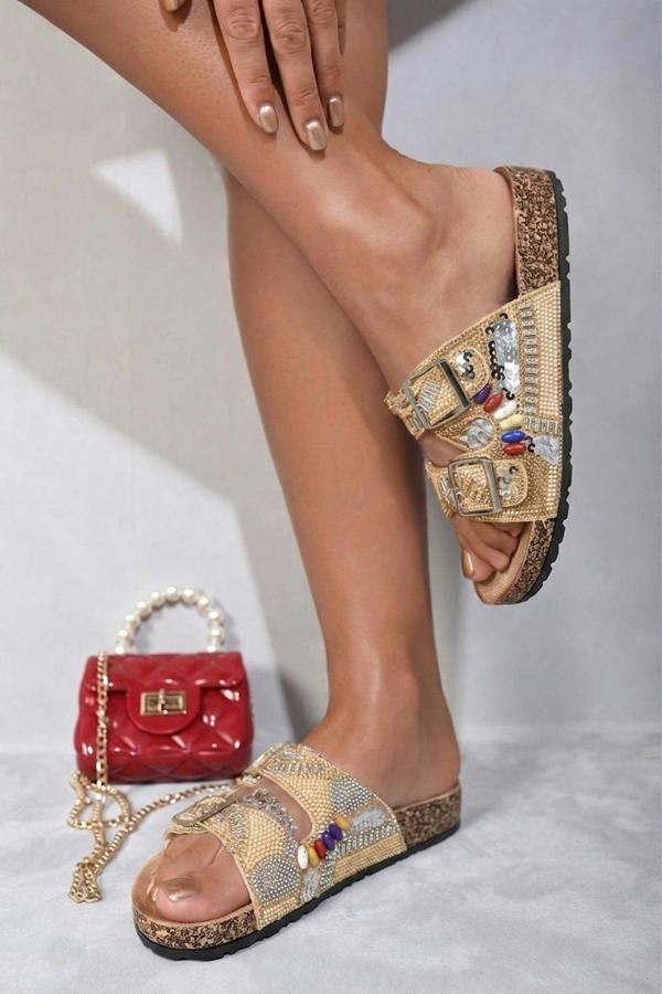 ikrush Leslie Rhinestone Double Buckle Adjustable Slip On Slides Sandals