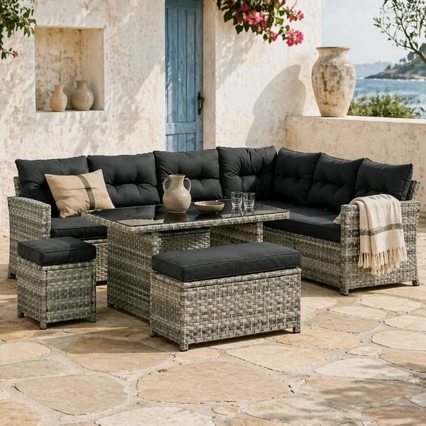 Wyld Haus Sakale Grey Rattan 9 Seater Garden Furniture Set With Corner Sofa Footstools And Glass Table