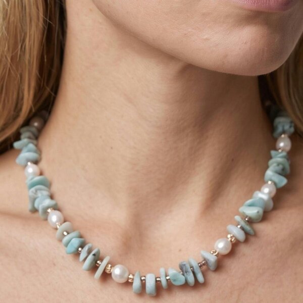 Uchi & Soto Shinju Pearl and Aqua Larimar Stone Necklace