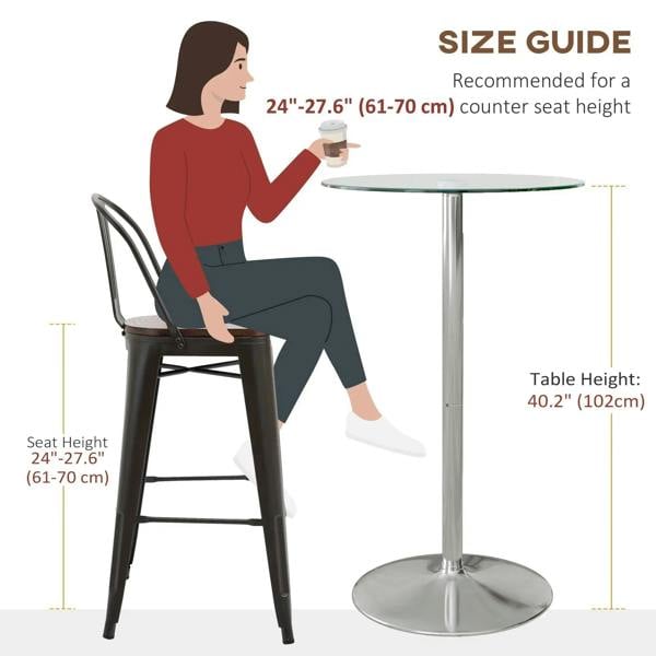Round high bar table with clear glass top and wide round steel base