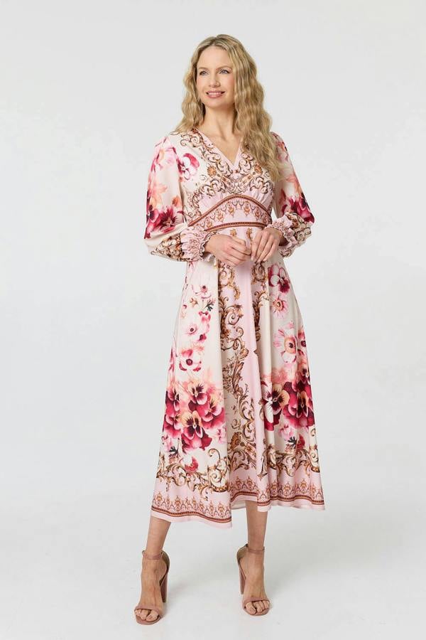 Pink | Baroque Print Long Sleeve Midi Dress