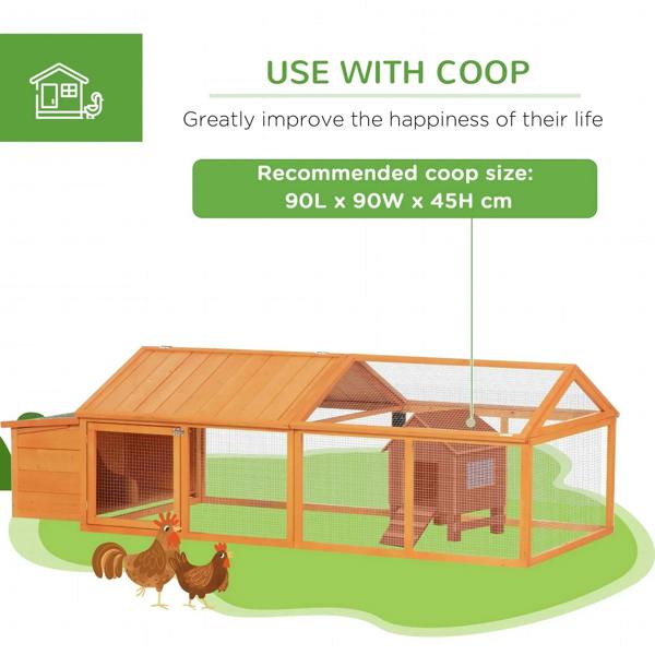 Orange wooden chicken coop with openable roof and partitioned wire-mesh enclosure.