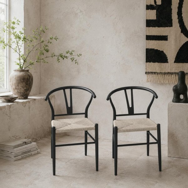 Wyld Haus Ranopa Woven Hemp And Wood Black And Beige Dining Chairs Set Of 2 With Y ShaFauxd Backrest