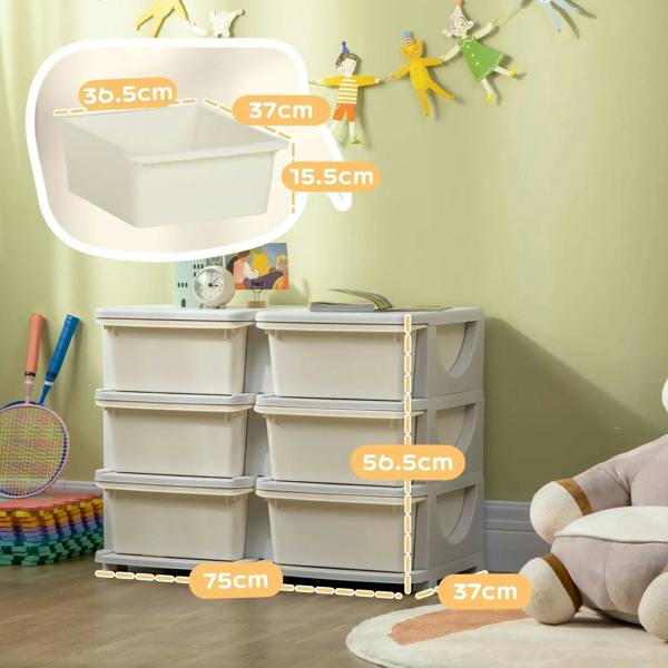 Cream kids storage unit with six drawers, with size indicators shown on front.