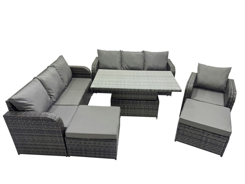 Fimous Rattan Garden Furniture Dining Set 9 seater Patio Height Adjustable Rising Lifting Table Sofa Set with 2 Big Footstool Dark Grey Mixed
