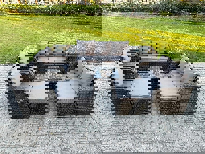 Fimous Rattan Garden Furniture 9 Piece Patio Set Table Sofa Chairs With 2 Big Footstool 2 Side Tables