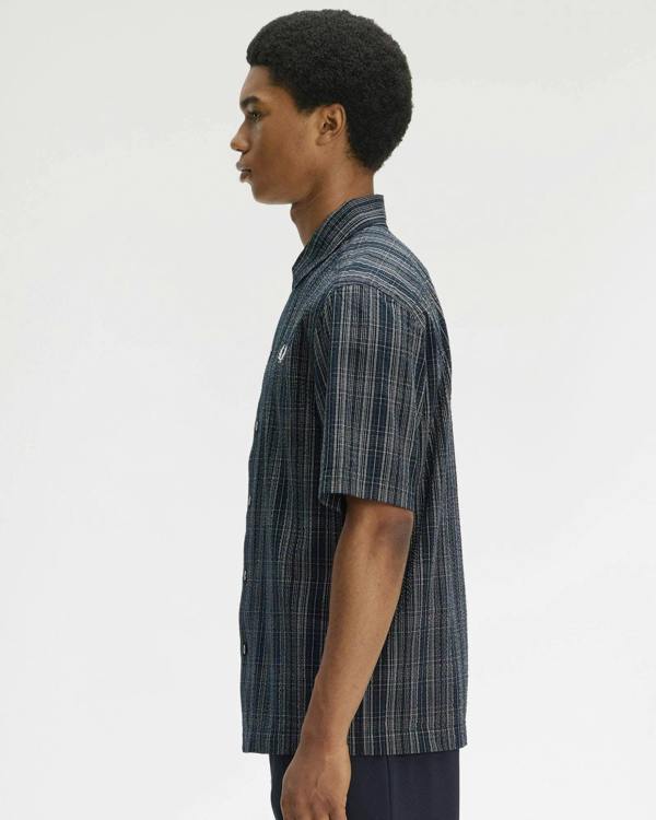 Fred Perry Mens Seersucker Check Shirt - Navy 608 | CHO | Designer Mens Short Sleeve Shirts