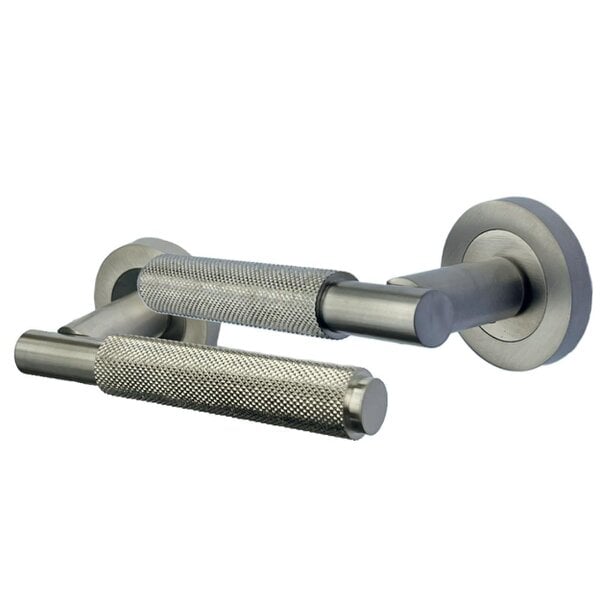 EDH Door Hardware Satin Nickel Knurled Door Handles on Round Rose – Modern Internal Lever Handle Sets