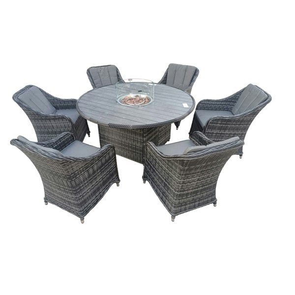 Furniture One 7 Piece 6 Seater Rattan Dining Sets with 150cm Round Gas Fire Pit Dining Table and Padded Rattan Armchair | Fully Assembled Chairs