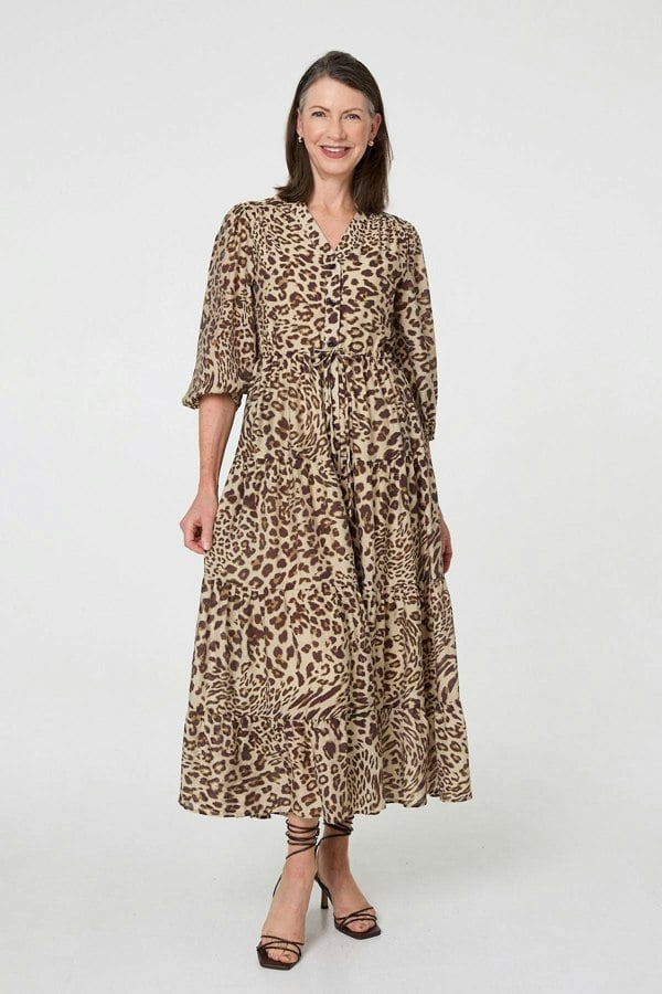 Brown | Animal Print 3/4 Puff Sleeve Midi Dress
