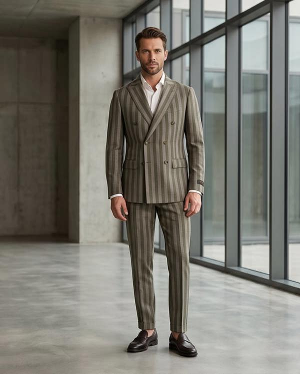 A man stands in a modern concrete building wearing a double-breasted pinstripe suit in muted olive-gray and beige tones, paired with a white dress shirt and dark brown loafers.