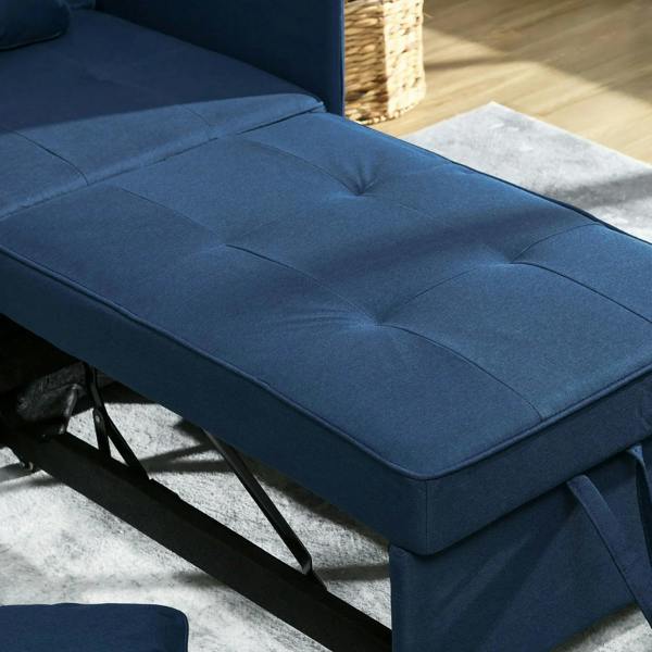 Blue sofa bed sleeping surface with stitched panels and thick padded base