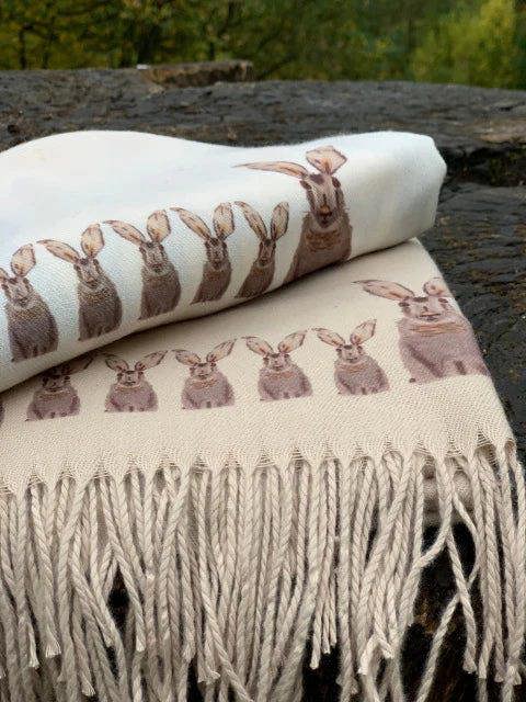 Art on Scarves Cashmere Feel Luxury Scarf Handprinted with Hares