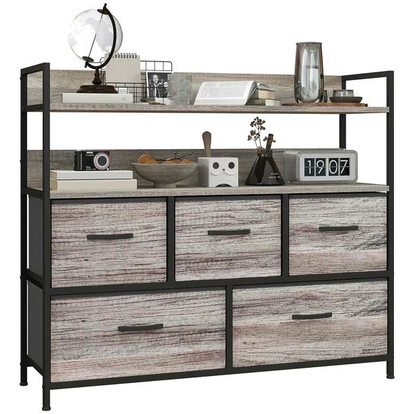Grey wood-effect storage chest with five fabric drawers and black steel frame
