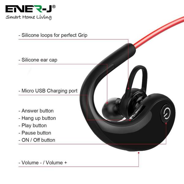ENER-J Wireless Bluetooth Sports Earbuds, CVC 6.0 Noise Reduction, Built-In Mic, 4 Hour Playtime, IPX4 Waterproof, Power Display