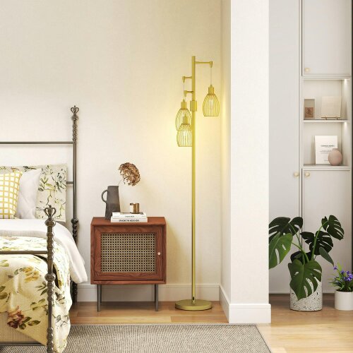 Wyld Haus Rodi Metal Gold Tone Industrial 3 Light Floor Lamp With Wire Cage Shades