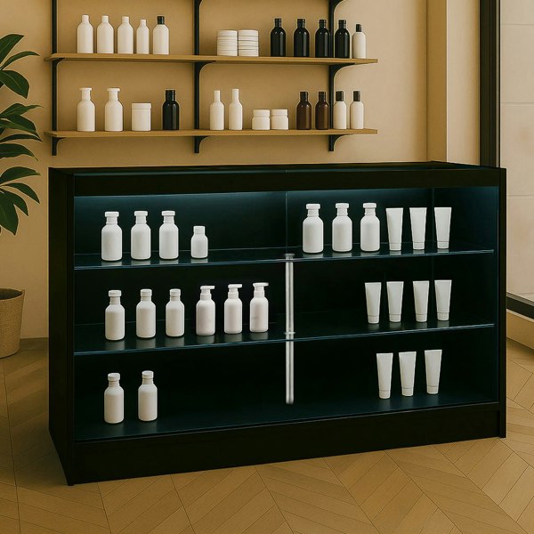 Black LED retail shop counter K1500 with glass shelves, showcasing white bottles and tubes in a modern, stylish setting