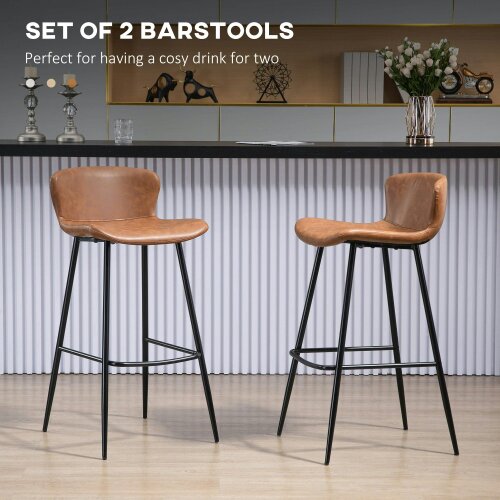 Wyld Haus Lorelu Faux Leather Brown Upholstered Bar Chairs Set Of 2 With Steel Legs And Footrest
