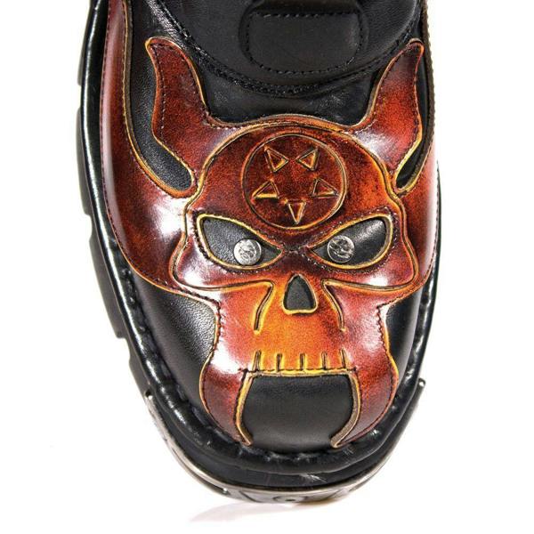 New Rock Flame Accented Black/Red Leather Biker Skull Boots - 107-S1