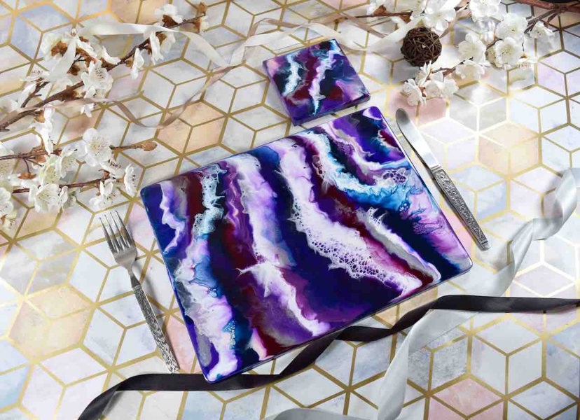 Kate Chesters Art Purple Resin Art Placemats and Drinks Coasters - Heat Safe