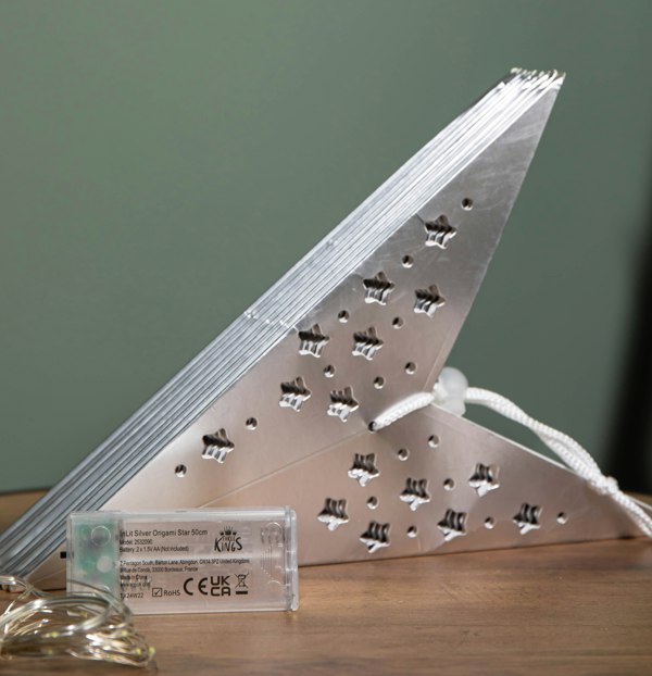 Samuel Alexander 50cm Battery Powered Light up Silver Origami Hanging Christmas Star with LEDs