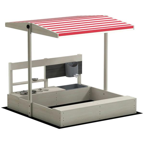 Kids wooden sandbox playhouse with red-striped canopy and front seat/storage box
