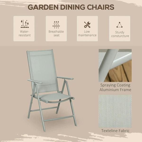 Grey folding garden dining chair with textilene seat and reclining backrest.