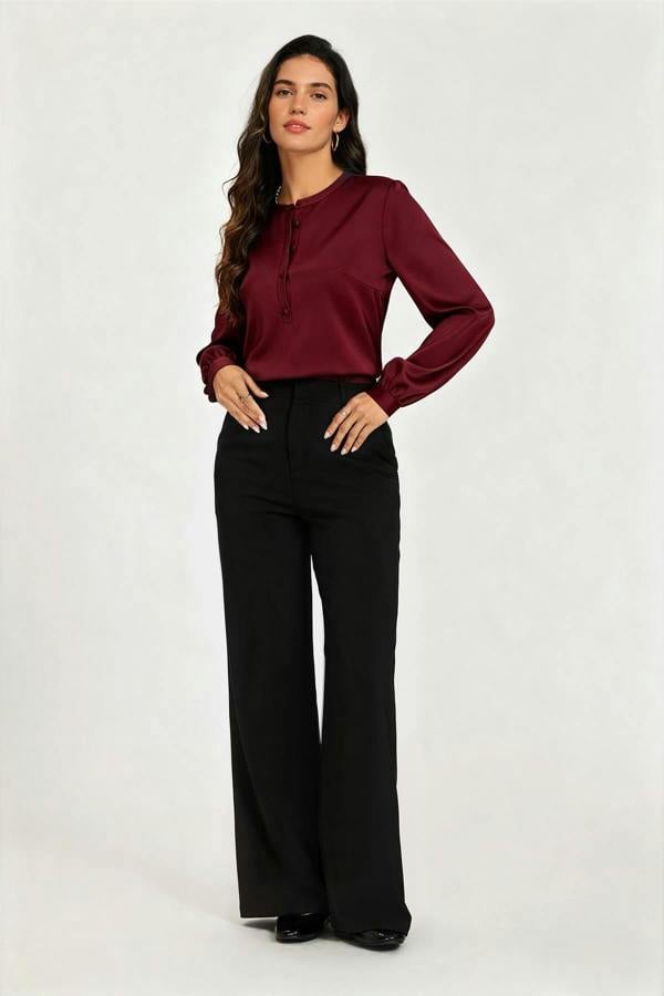 FS Collection Long Sleeve Satin Blouse Top In Wine