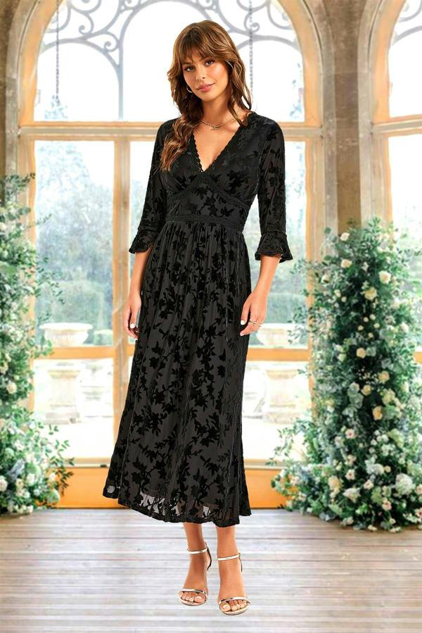 FS Collection Floral Velvet Devore Lace Trim Neckline Midi Dress In Black