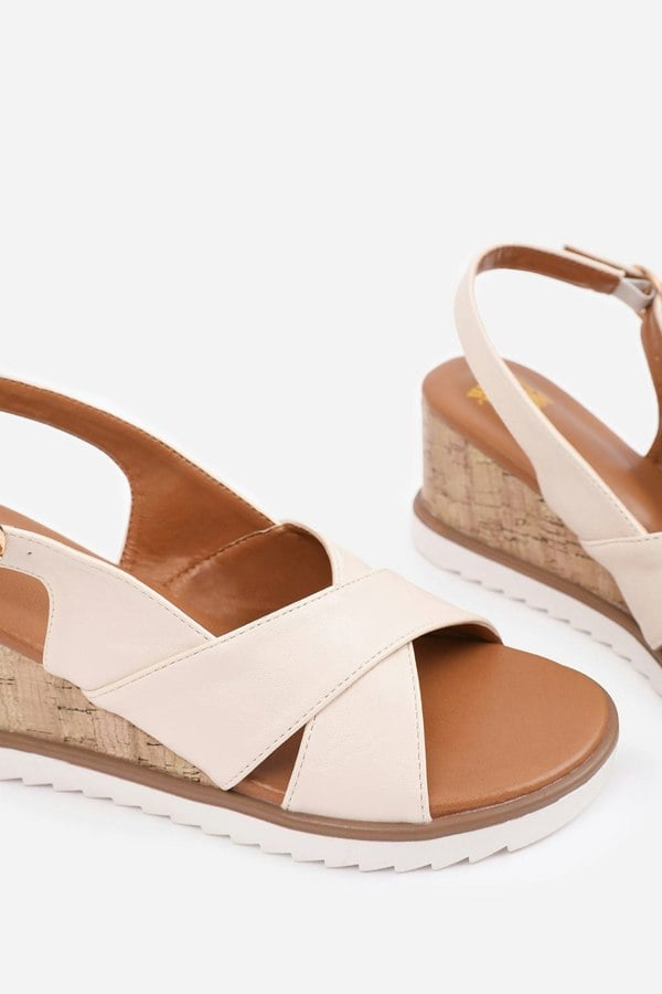 Where's That From Qween Cross Over Strap Detail Wedge Shoes With Buckle Closure in Cream Pu