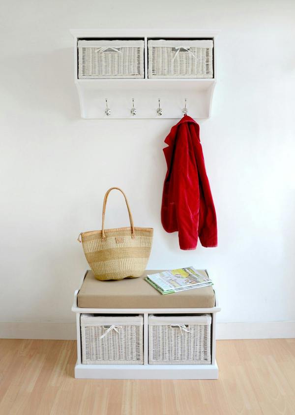 Statement Furniture Tetbury White Bench with White Wicker Baskets and Cream Cushion
