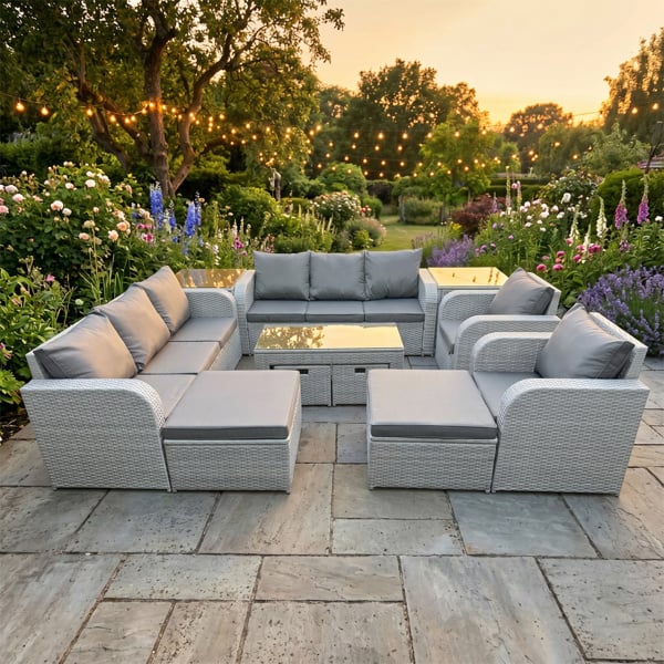 Fimous Rattan Furniture Sofa Set with Coffee Table, 2 Sofas, 2 Reclining Chairs, 4 Footstools & 2 Side Tables -  Light Grey