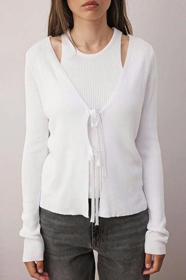 WOVCOR 2-Piece V-Neck Mercerized Look Knitwear Cardigan-Blouse Set