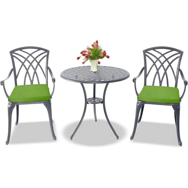 Homeology OSHOWA Grey Aluminium Weatherproof Outdoor Table and 2 Comfortable Chairs with Armrests Bistro Set with Green Cushions