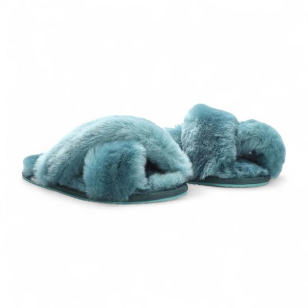 Infinity Leather Women's Sheepskin Slippers Teal Warm Winter Fur Crossover - Snowbelle