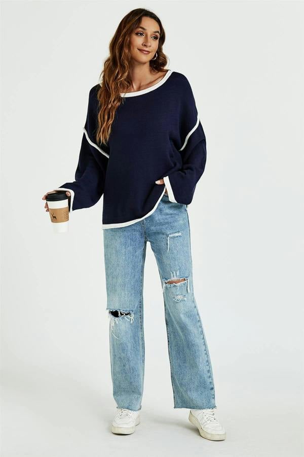 FS Collection White Striped Oversized Jumper Top In Navy