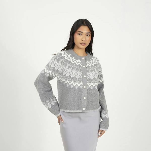 Brave Soul Grey Fairisle Cardigan With Faux Pearl Buttons - Grey Image 1
