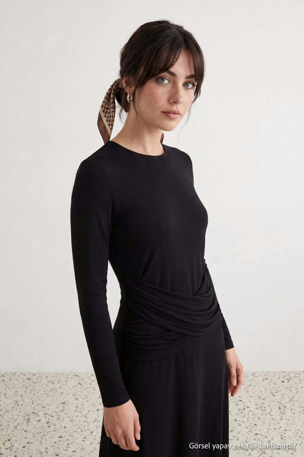 High Neck Long Sleeve A-Line Maxi Dress