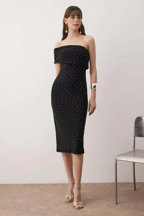 WOVCOR Stone Print One Shoulder Knit Midi Unlined Dress