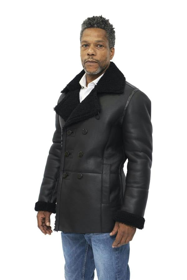 Infinity Leather Mens Double Breasted Shearling Sheepskin Pea Coat-Kington