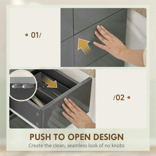 Storage Cabinet, Kitchen Cupboard with 3 Adjustable Shelves, 60L x 35W x 170H cm, High Gloss Grey