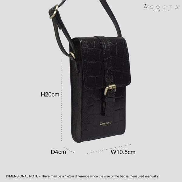 Assots London 'PETRA' Black Croc Real Leather Mobile Phone Crossbody Bag