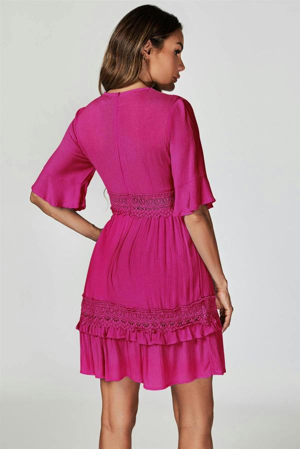 FS Collection V Neck Lace Mini Dress In Fuchsia