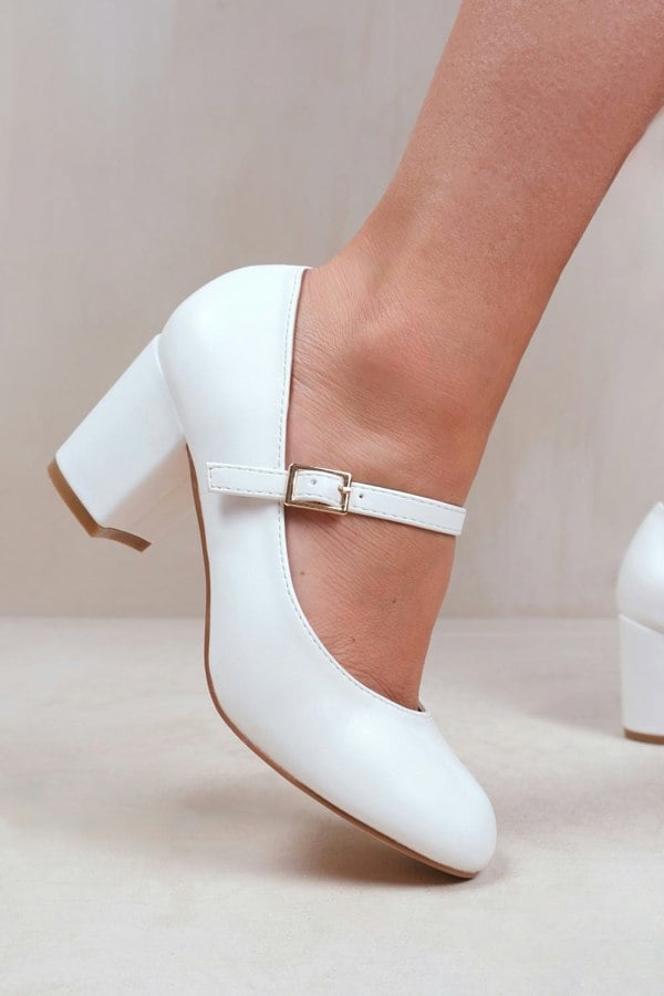 Where's That From Araceli Wide Fit Block Heel Mary Jane Pumps in White Faux Leather