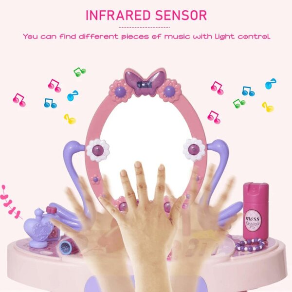 HOMCOM Kids Pretend Play Plastic Vanity Table Set Pink/Purple
