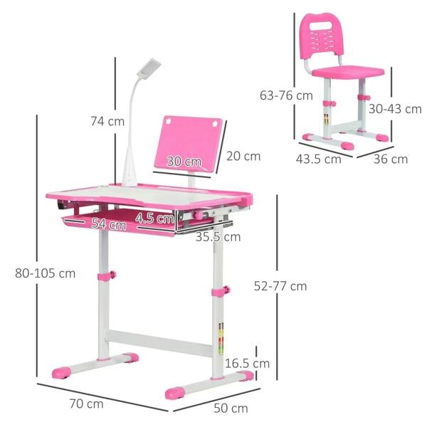 Pink kids study desk and chair set with adjustable height and built-in storage drawer